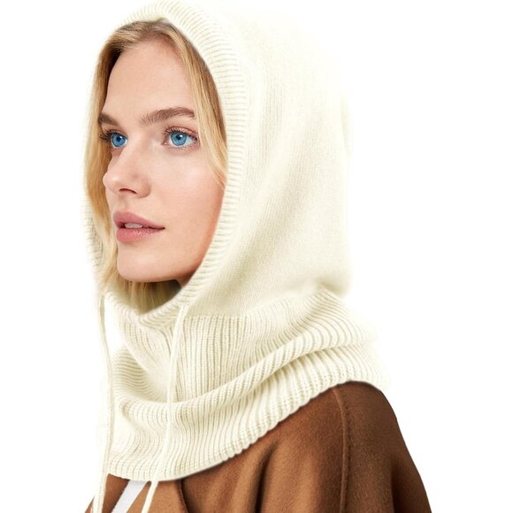 Women's Scarf Hat Balaclava Beanie Skull Cap with Drawstring Warm Hat Beige